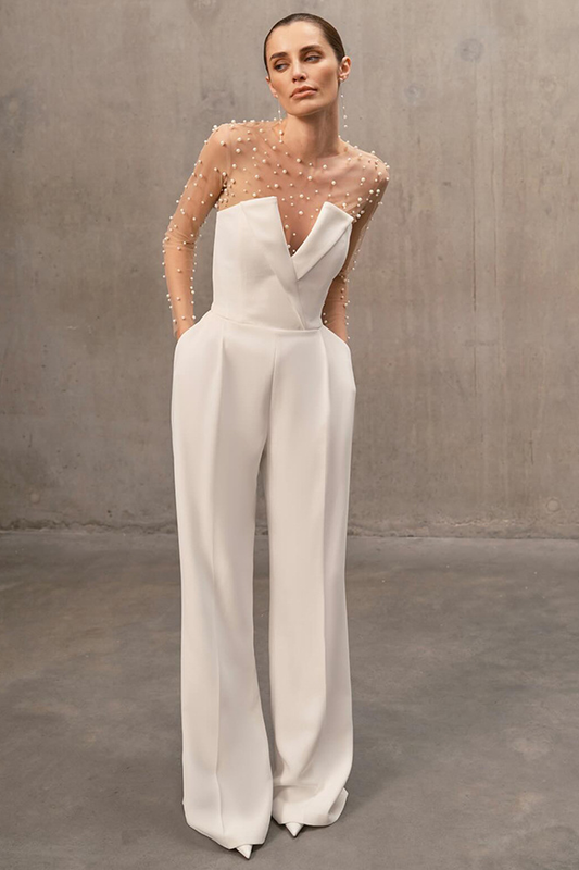 Pearl Embellished Mesh Bodysuit And Bandeau Jumpsuit