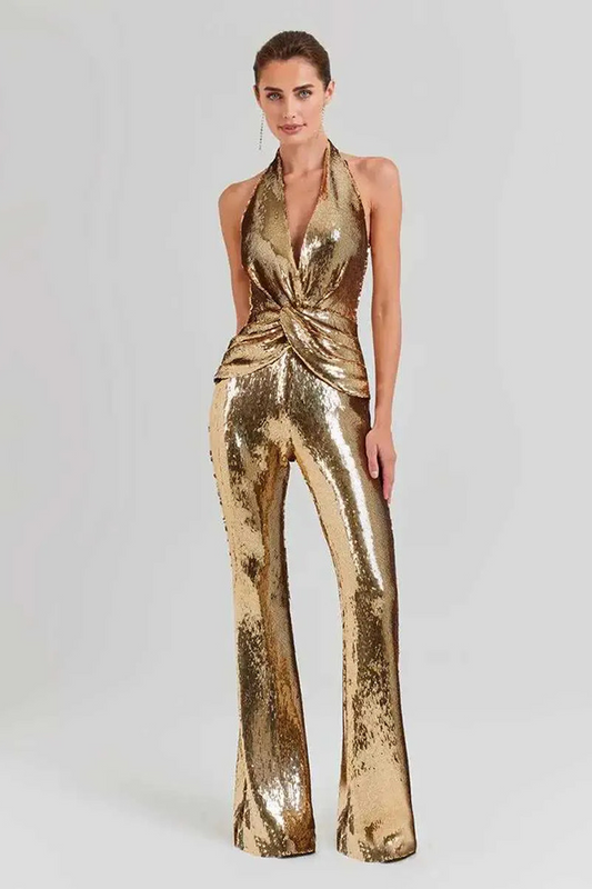 Gold Halter Sequin Jumpsuit
