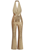 Gold Halter Sequin Jumpsuit
