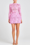 Flower Lace Long Sleeve Bow Belted Mini Dress