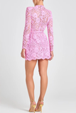 Flower Lace Long Sleeve Bow Belted Mini Dress