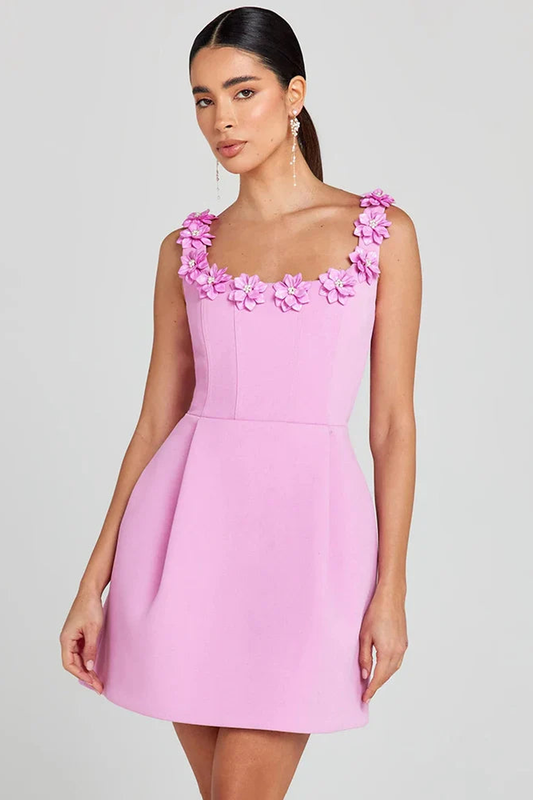 Faux Pearl Flower Applique Mini Dress