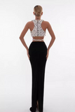 Stone-Embellished Crop Tank With Long Skirt