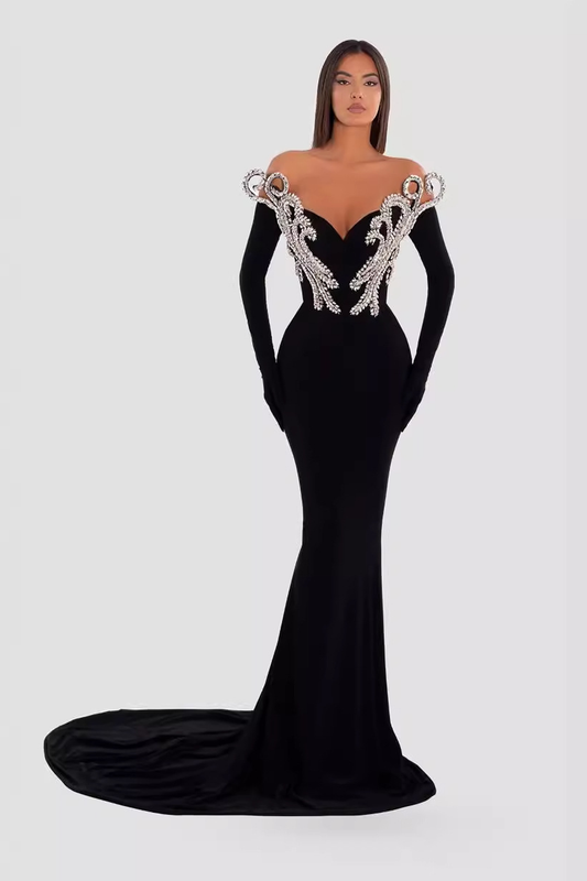Velvet Noir Crystal V-Neck Gown