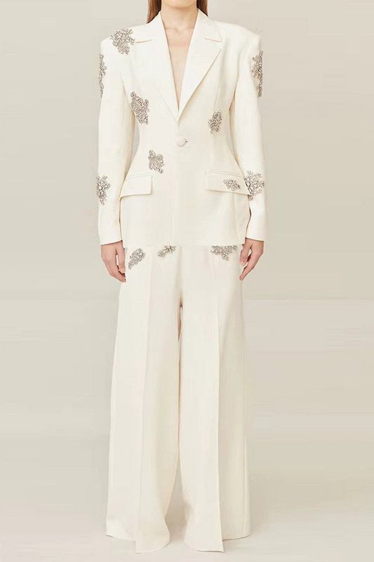 Long Sleeve Crystal Applique Suit White