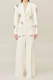 Long Sleeve Crystal Applique Suit White