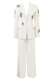 Long Sleeve Crystal Applique Suit White