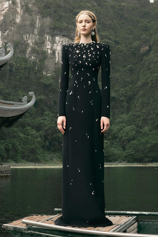 Stone Embellished Long Sleeve Dress