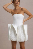 White Bandeau Mini Dress With Puff Floral Hem
