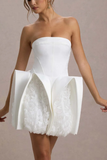 White Bandeau Mini Dress With Puff Floral Hem