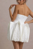 White Bandeau Mini Dress With Puff Floral Hem