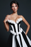 Strapless Floral Balck White Stripe Dress