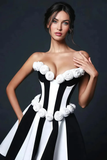 Strapless Floral Balck White Stripe Dress
