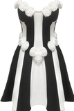 Strapless Floral Balck White Stripe Dress