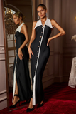 Button Halter Black Maxi Dress