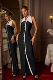 Button Halter Black Maxi Dress