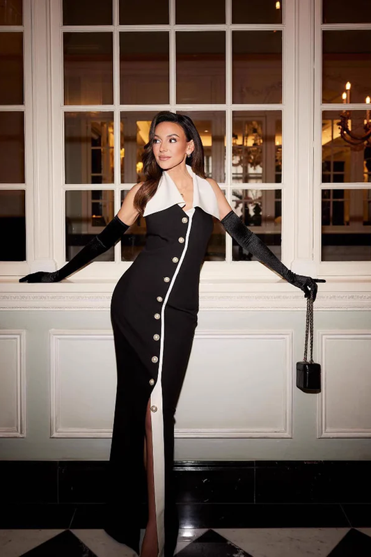 Button Halter Black Maxi Dress