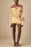 Gold Off-Shoulder Rhinestone-Embellished Mini Dress