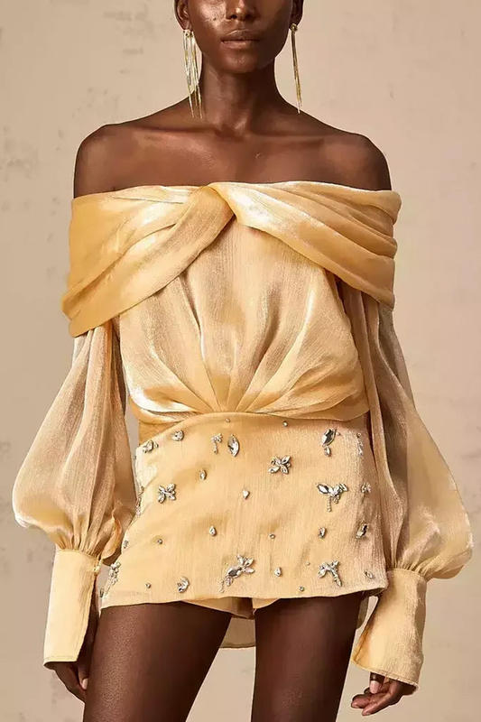 Gold Off-Shoulder Rhinestone-Embellished Mini Dress