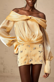 Gold Off-Shoulder Rhinestone-Embellished Mini Dress