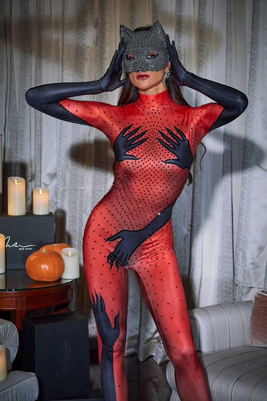 Esau Hands Printed Rhinestone Gloves Jumpsuit In Red