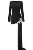 Long Sleeve Crystal Detail Draped Dress Black