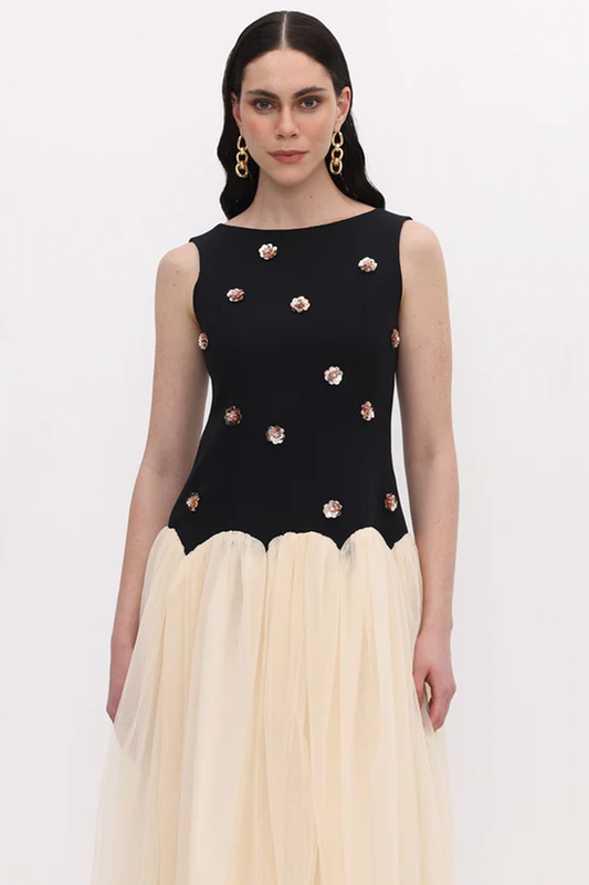 Vintage Contrast Tulle Midi Dress