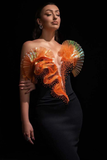 Luxury Orange 3D Fan Strapless Designer Dress