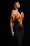 Luxury Orange 3D Fan Strapless Designer Dress