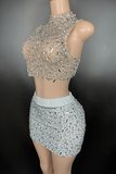 Halter Neck Rhinestone Vest Skirt Set