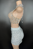 Halter Neck Rhinestone Vest Skirt Set