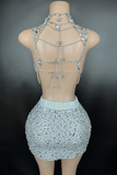Halter Neck Rhinestone Vest Skirt Set