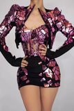 3-pc Cropped Jacket Corset Top and Skirt Set with Gold Mirror Patchwork