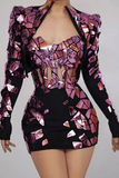 3-pc Cropped Jacket Corset Top and Skirt Set with Gold Mirror Patchwork