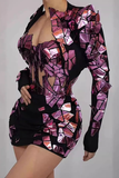 3-pc Cropped Jacket Corset Top and Skirt Set with Gold Mirror Patchwork