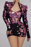 3-pc Cropped Jacket Corset Top and Skirt Set with Gold Mirror Patchwork