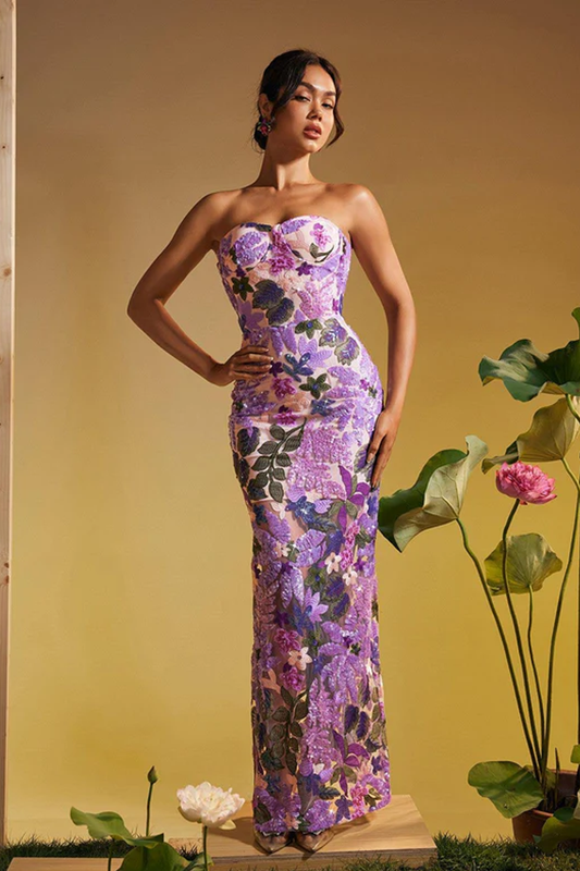 Strapless Sequin Embroidered Floral Maxi Dress