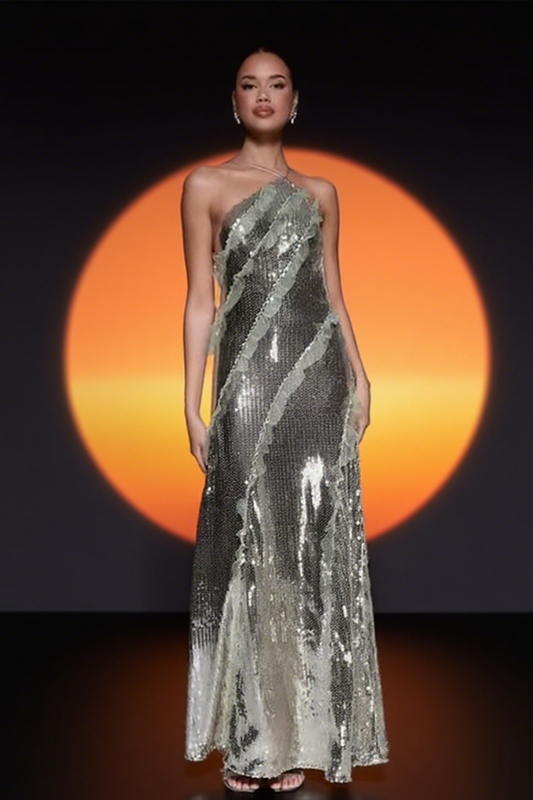 Mesh Ruffle Inserts Sequin Maxi Dress