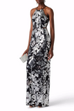 Halter Sequin Floral Maxi Dress Black Silver
