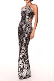 Halter Sequin Floral Maxi Dress Black Silver