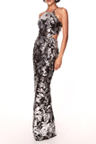 Halter Sequin Floral Maxi Dress Black Silver