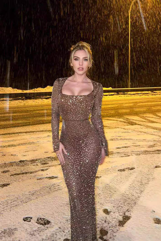 Long Sleeved Bodycon Embellished Maxi Dress