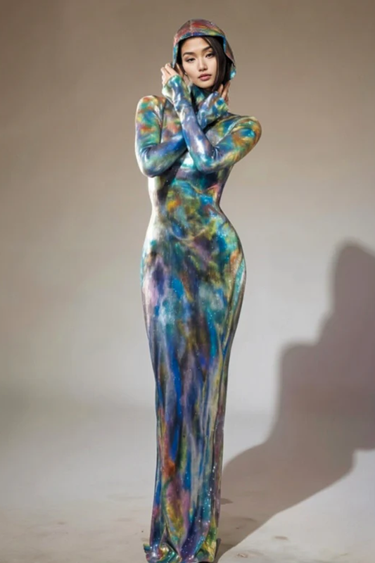 Ombre Long Sleeve Hooded Maxi Dress