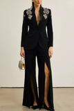 Diamond Embellished Blazer Flared Long Pants Suit