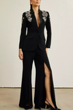 Diamond Embellished Blazer Flared Long Pants Suit