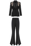 Diamond Embellished Blazer Flared Long Pants Suit