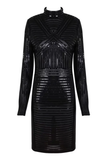 Half High Collar Leather Patchwork Mesh Black Mini Dress