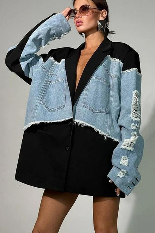 Oversized Denim Black Distressed Blazer