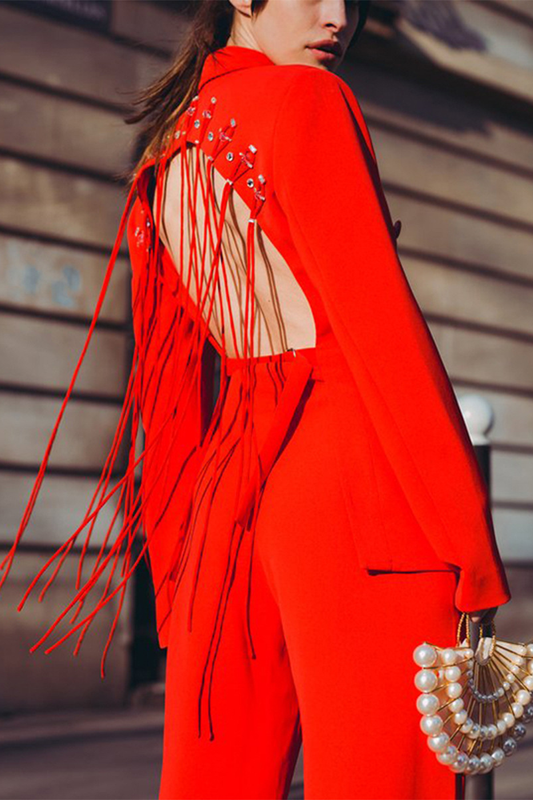 Cutout Fringe Backless Blazer In Red