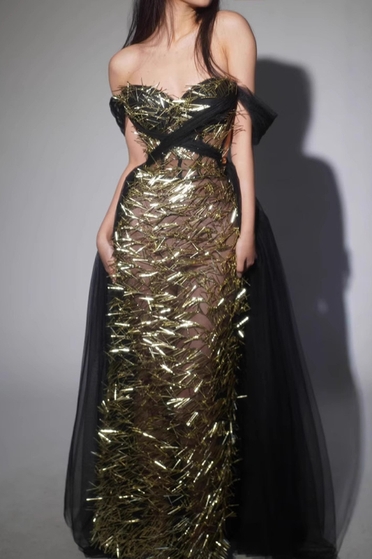 Drop Shoulder Sequined Dress In Black